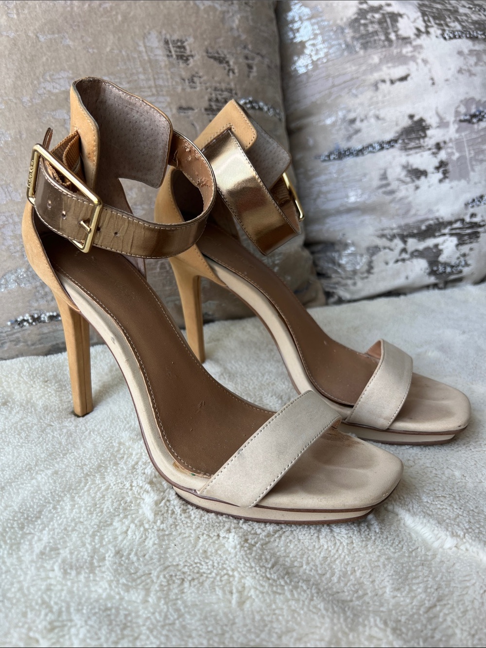 Calvin Klein Vivian Stiletto Ankle Strap Platform Gold, Brown & Crème Sandals 7M